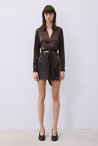 rue Tie-Up Silk Crop Brown Shirt Blouse