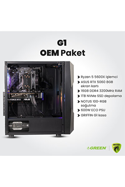 Green GRIFFIN G1 | RTX 5060 Gaming PC | Ryzen 5 5600X | 16GB Ram | 1TB SSD | Oyuncu OEM Paket