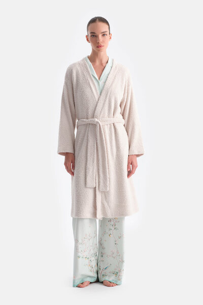 Dagi Ecru Long Sleeve Chenille Knitted Dressing Gown