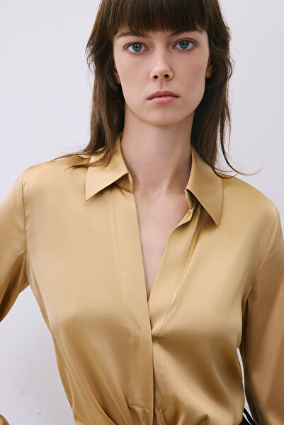 rue Tie-Up Silk Crop Gold Shirt Blouse