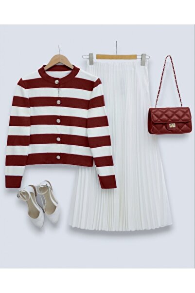 Modamorfo Ringed Metal Buttoned Short Cardigan - Burgundy