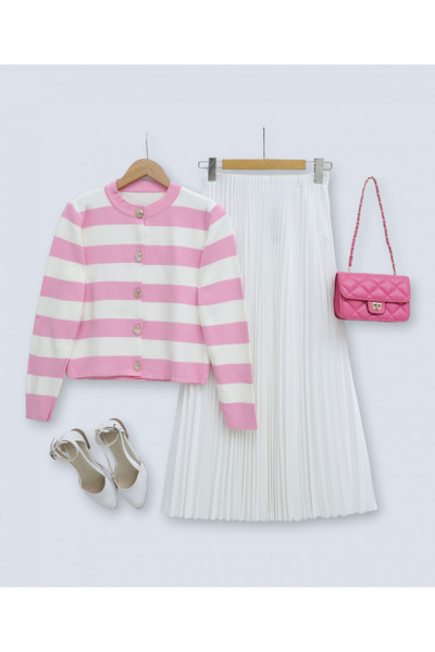 Modamorfo Ringed Short Cardigan with Metal Buttons - Pink