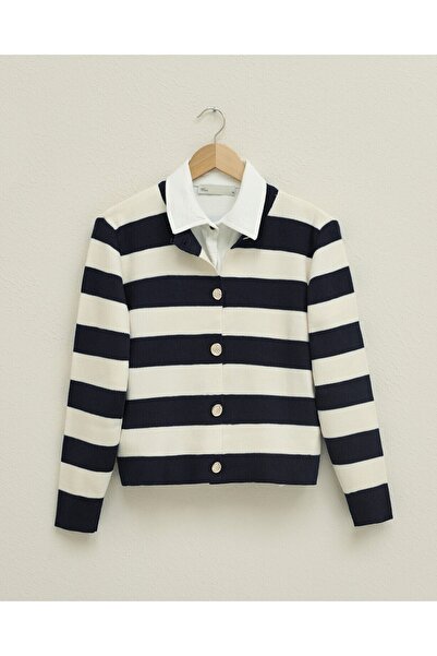 Modamorfo Πλεκτή ζακέτα με γιακά με ριγέ κουμπιά - μαύρη