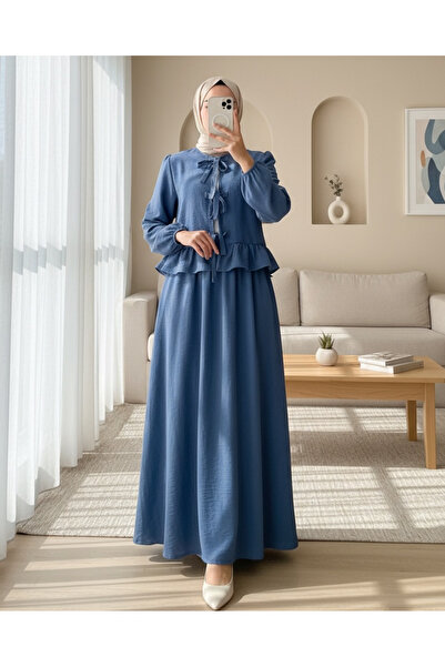 Modamorfo Lace-Up Front Sleeve Elastic Skirt Suit -Indigo