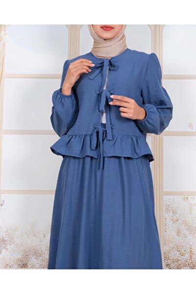 Modamorfo Lace-Up Front Sleeve Elastic Skirt Suit -Indigo