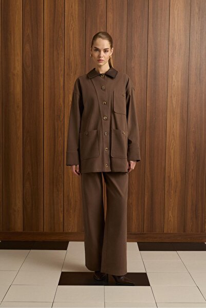 OVEL LEATHER COLLAR DETAIL PANTS SET - BROWN