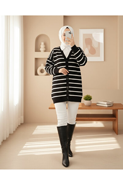 Modamorfo Striped Buttoned V-Neck Knit Cardigan -Black