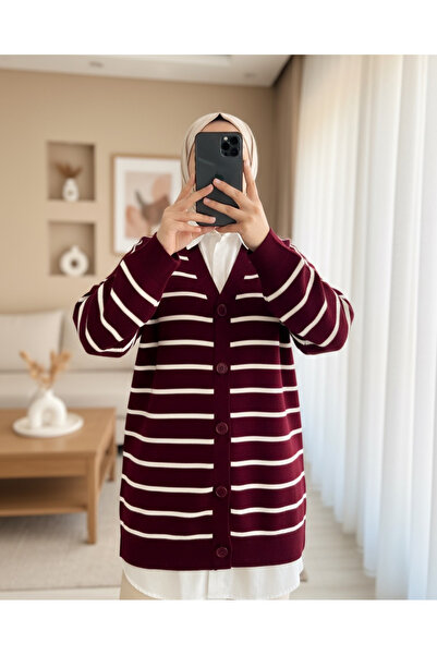 Modamorfo Çizgili Düğmeli V Yaka Triko Hırka     -Bordo