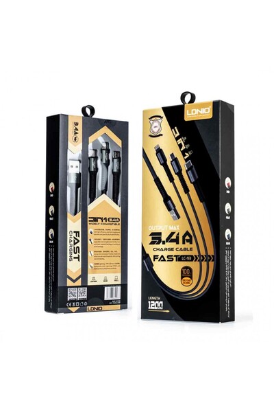 LDNIO 3-in-1 Fast Charging & Data Cable For Type-C, Micro-USB & Lightning