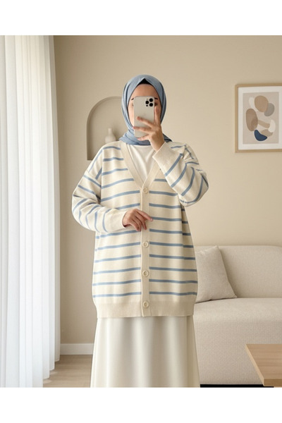 Modamorfo Striped Buttoned V-Neck Sweater Cardigan -Blue