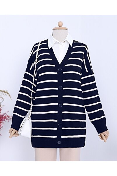 Modamorfo Striped Buttoned V-Neck Knit Cardigan - Navy