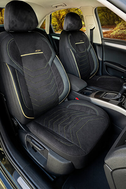 KONFORUM طقم غطاء مقعد السيارة الأمامي والخلفي من قماش نوبوك لورنزو سيري أسود بيج