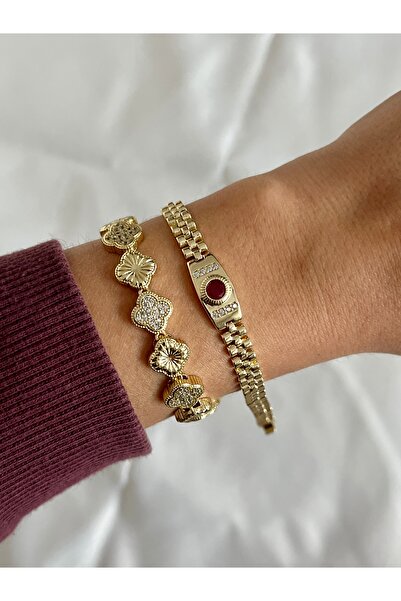 yeknova Xuping 14K Gold Rengi Kuyumcu İşçiliği Vintage Model Bordo Taş Detaylı Kararmaz Kadın Bileklik