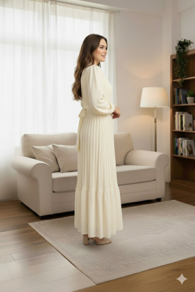 Giza Giyim Pleated Janjan Evening Dress Cream