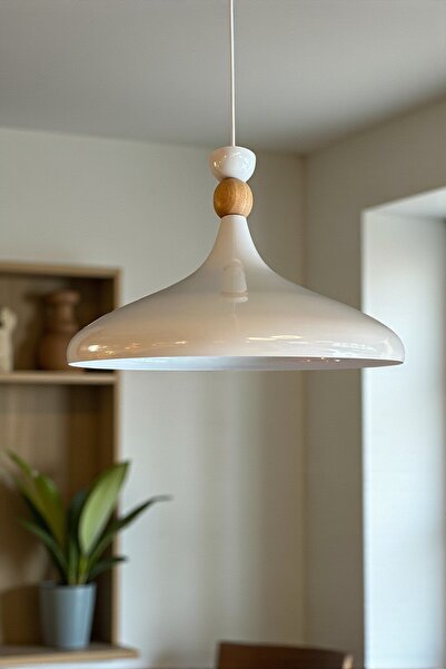 Bamyum Beyaz İç Beyaz Ahşap Şapka Tekli Avize Sarkıt Salon Mutfak Cafe Butik Lamba Aydınlatma Avizeler