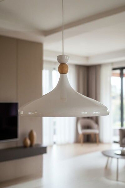 Bamyum Beyaz İç Beyaz Ahşap Şapka Tekli Avize Sarkıt Salon Mutfak Cafe Butik Lamba Aydınlatma Avizeler