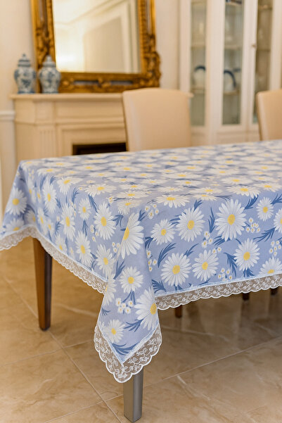 Rona Home Açık Mavi Papatyalı Masa Örtüsü Su Geçirmez, Silinebilir Şık Dikdörtgen Model