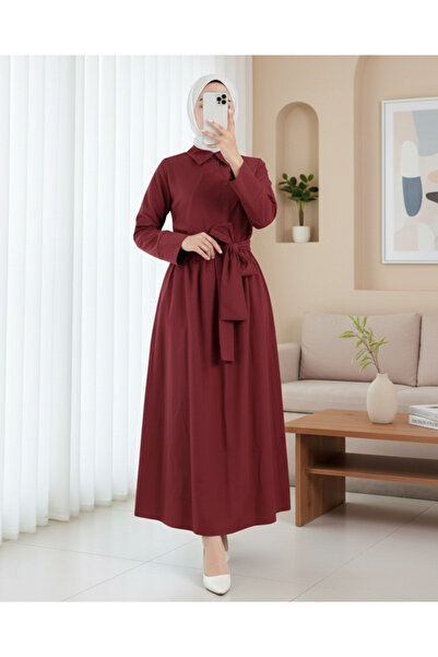 Modamorfo Φόρεμα με γιακά πουκάμισο με χιαστί κουμπιά και δεμένη μέση - Μπορντό