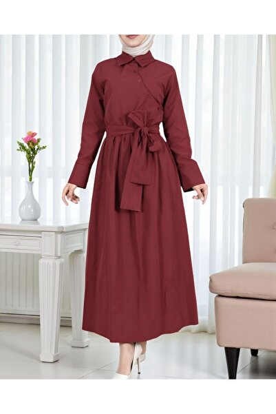Modamorfo Φόρεμα με γιακά πουκάμισο με χιαστί κουμπιά και δεμένη μέση - Μπορντό