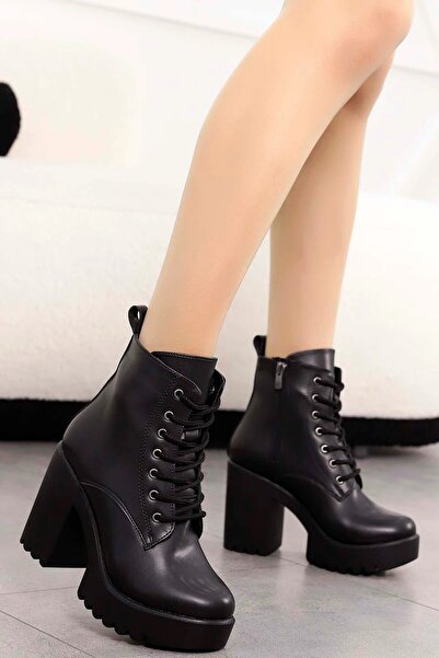 Mamito Ayakkabı JVL 207 Bağcıklı Detay Yüksek Topuk Bot-SİYAH-DERİ