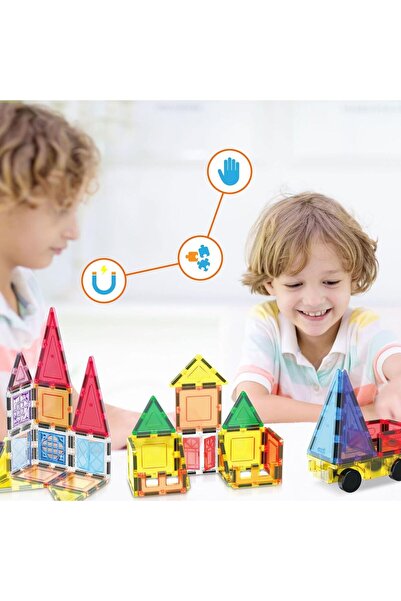 lil munchkins Magnetic Tiles 100 PCS with 2 Cars, STEM Building Blocks for Kids Ages 3-9