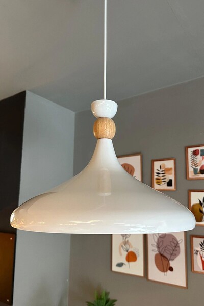 Bamyum Beyaz İç Beyaz Ahşap Şapka Tekli Avize Sarkıt Salon Mutfak Cafe Butik Lamba Aydınlatma Avizeler