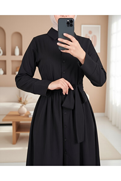 Modamorfo Cross Button Tie Waist Shirt Collar Dress -Black