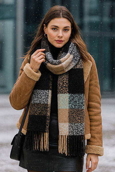 Luminos Butik Siyah Kare Desenli Püsküllü Kalın Sıcak Tutan Şık Kışlık Atkı Sal1292