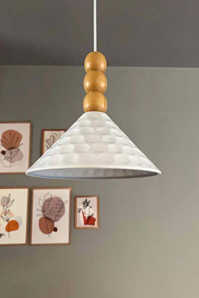 Bamyum Rumy Beyaz Tekli Ahşap Üçlü Boncuk Başlık Avize Sarkıt Ofis Showroom S...