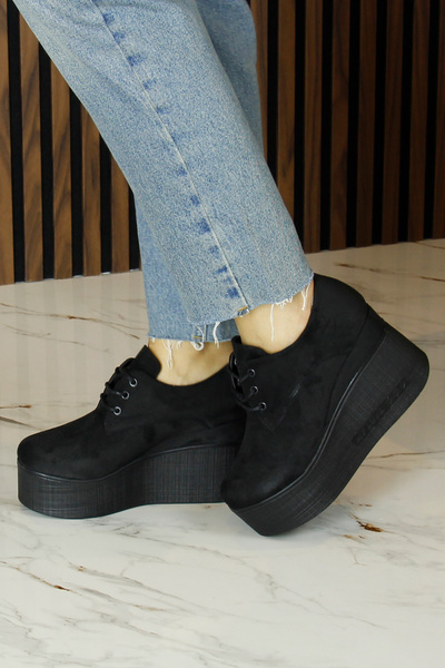 Erkan Saçmacı Apricity Black Suede Round Toe Lace-Up Hidden Wedge Heel Casual Shoes