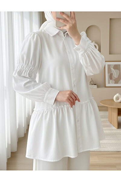 Modamorfo Sleeve Gathered Ruffle Detailed Shirt -White