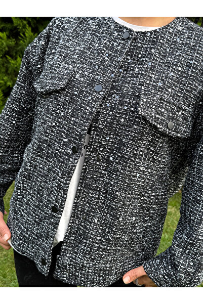 HOPEFUL DESİGN Zero Collar Pocketed Snap Sequin Chanel Fabric Jacket