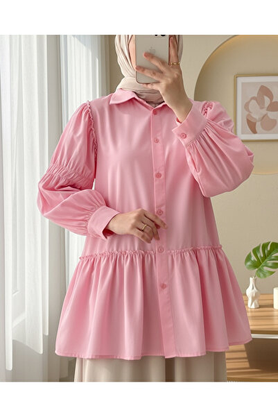 Modamorfo Sleeve Gathered Ruffle Detailed Shirt -Pink