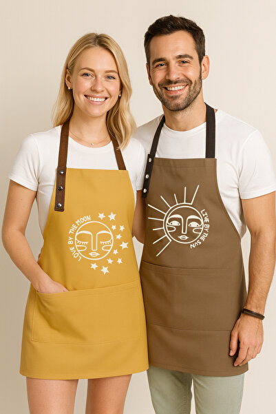 Hulganz طقم مريلة مطبخ - قطعتان من خردل القمر والشمس، مقاومة للبقع وطاردة للماء ومريلة مهر