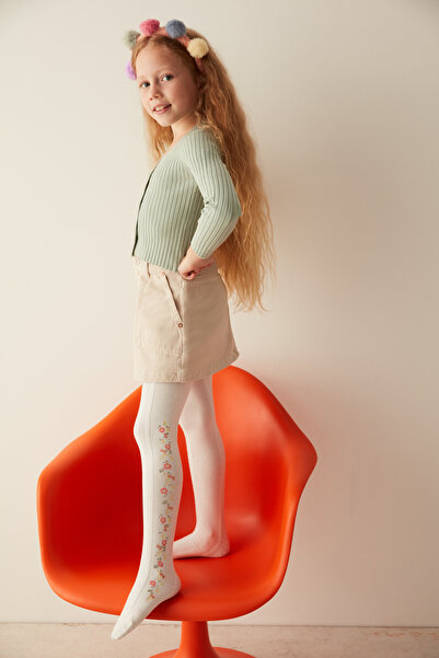 Penti Krem Rengi Kız Çocuk Çicek Desenli Külotlu Çorap