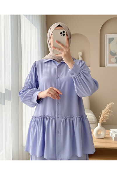 Modamorfo Sleeve Gathered Ruffle Detailed Shirt -Blue