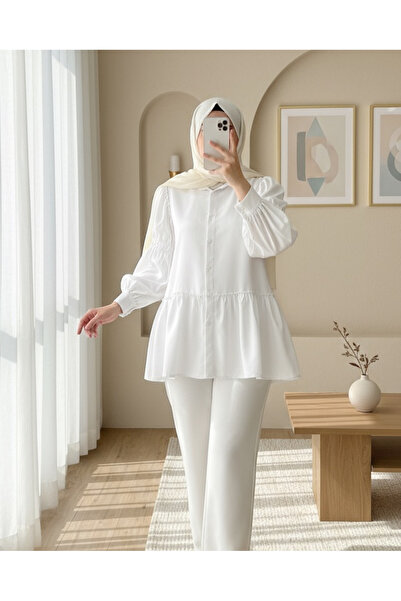 Modamorfo Sleeve Gathered Ruffle Detailed Shirt -White