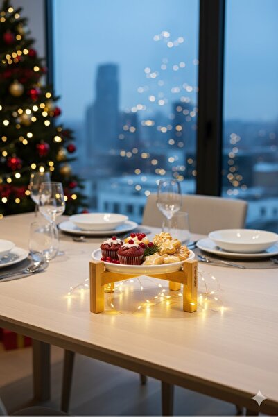 Bambum Alpina Ceramic Presentation Plate with Bamboo Feet 20cm, Serving Plate, Decorative Dessert and Breakfast Plate