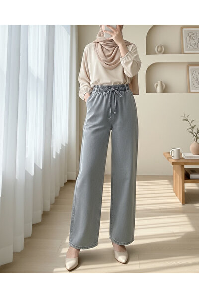 Modamorfo Džínové kalhoty s širokými nohavicemi, elastickým pasem a detaily šněrování - šedé