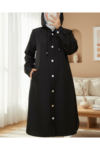 Modamorfo Astarı Çizgili Yan Cepli Kapşonlu Trençkot -Siyah