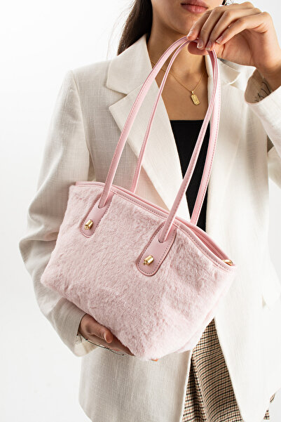 torime Geantă mare de umăr din țesătură de pluș roz – Colecția de iarnă