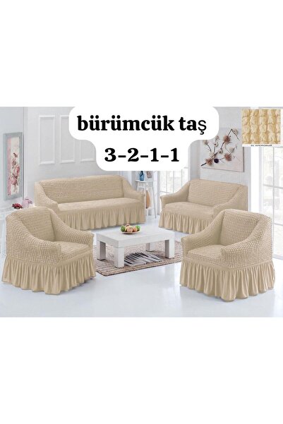 ARTUÇ Bürümcük Pamuklu (3-2-1-1) Koltuk Kanepe Örtüsü Takımı Etekli (TAŞ RENK)