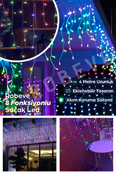ROBEVE 8 Fonksiyonlu Saçak Led Sarkıt Led Eklenebilir Led Süsleme Led Peri Led Işık Yılbaşı Işık (4 METRE)