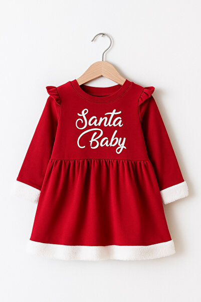 Nimini Kids Christmas Themed Ruffle Detailed Santa Baby Printed Fleece-Lined Children's Dress (1-4 Years Old)