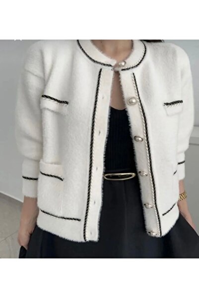 Store Beyaz bebe yaka İnci Düğmeli çift cepli triko Yumoş Dokulu Hırka