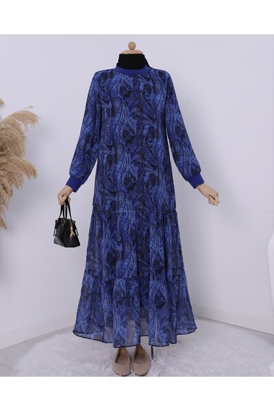 Modamorfo Ethnic Pattern Skirt Partially Lined Chiffon Dress - Navy