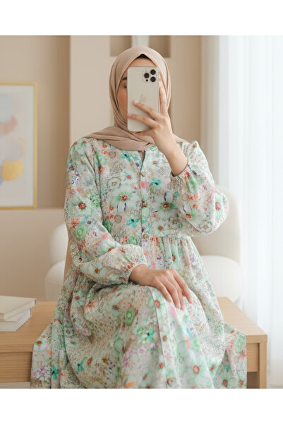 Modamorfo Φόρεμα με λουλουδάτο εμπριμέ με μισό κουμπί - Πράσινο