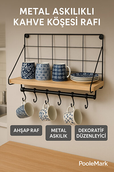 PooleMark Metal Duvar Rafı – Modern Dekoratif Askı ve Kancalı Duvar Rafı (Mut...