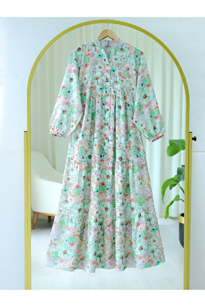 Modamorfo Φόρεμα με λουλουδάτο εμπριμέ με μισό κουμπί - Πράσινο