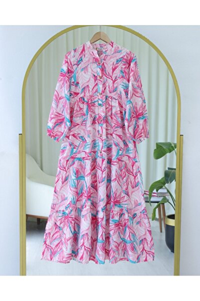 Modamorfo Φόρεμα με λουλουδάτο σχέδιο με μοντέρνα λαβή και ελαστικό μισό κουμπί - Plum